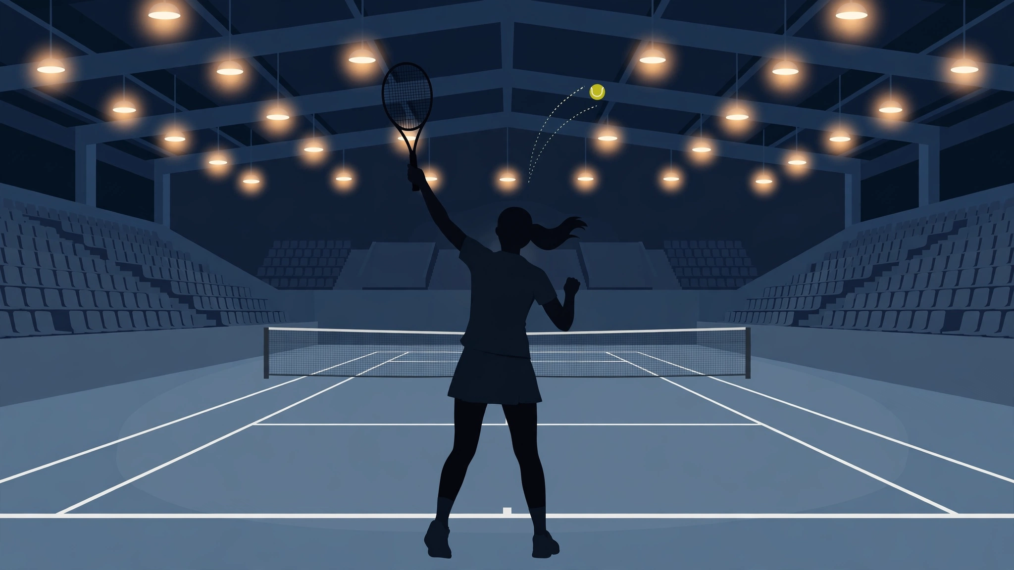 Original graphic created for this story, not a photograph of the match. Original illustration of a tennis player serving on