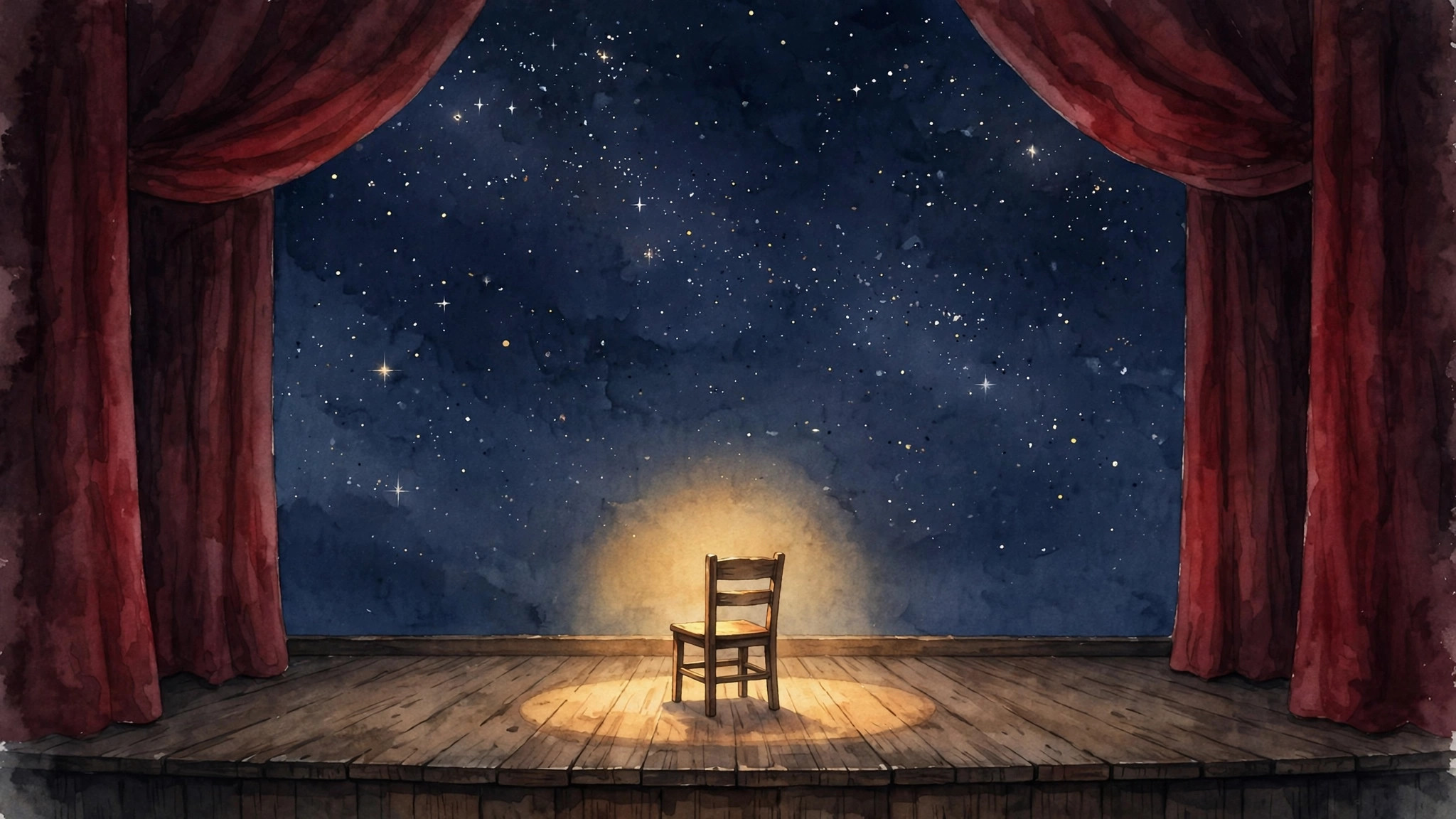 Original illustration: a single spotlight on an empty stage chair under a night sky, created for USTRENDING. No photograph,